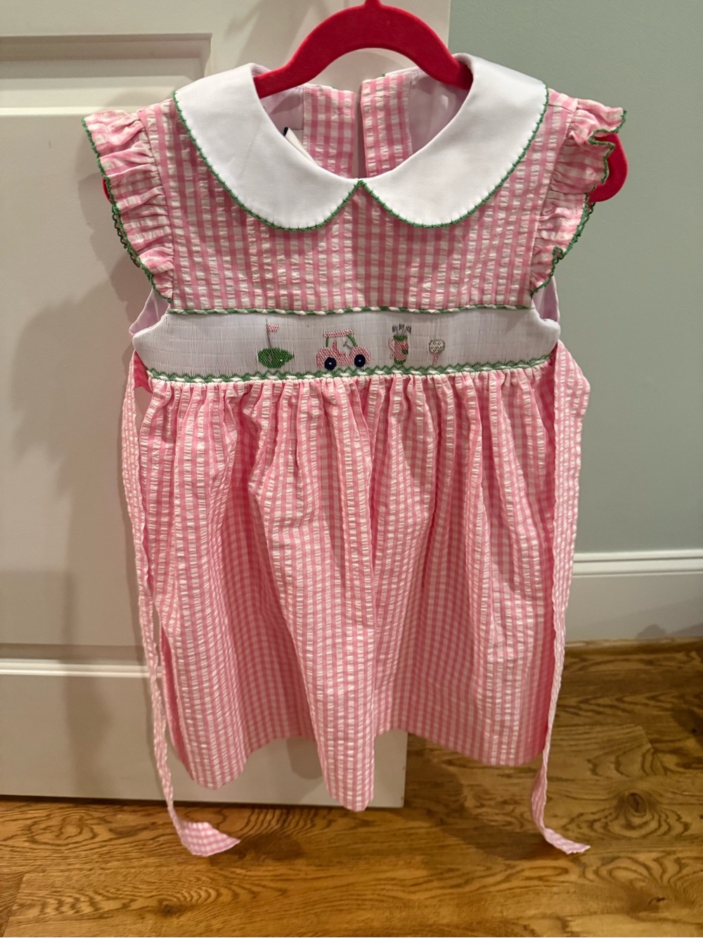 Pink Seersucker Smocked Peter Pan Collar Kids Dress
